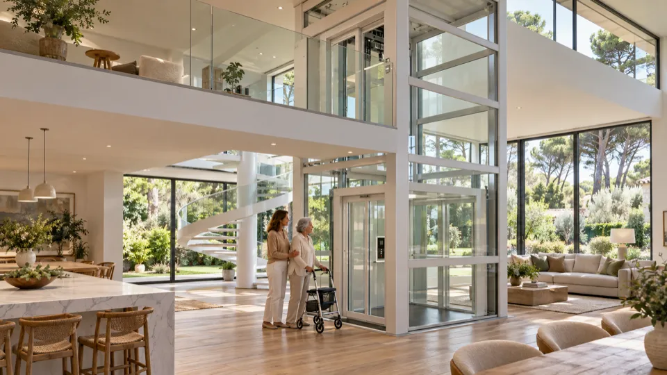 Ascensor doméstico en Las Rozas: salón de un chalet con ascensor de cristal junto a la escalera, madre e hija