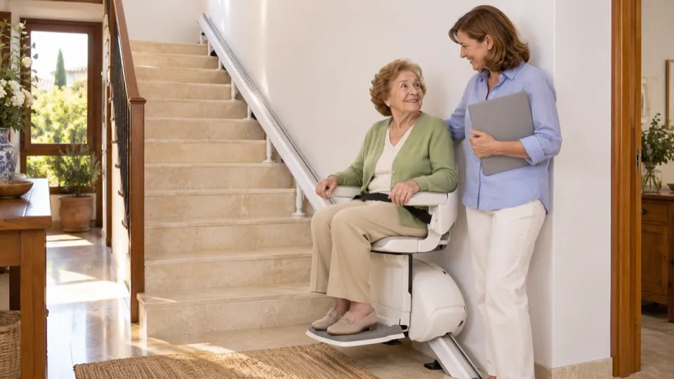 Garantía de por vida de la silla salvaescaleras en Las Rozas: madre en su silla instalada y su hija con la carpeta