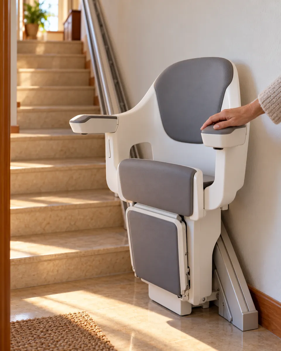 Mantenimiento y reparación de salvaescaleras en Las Rozas: silla vacía parada al pie de la escalera de un chalet