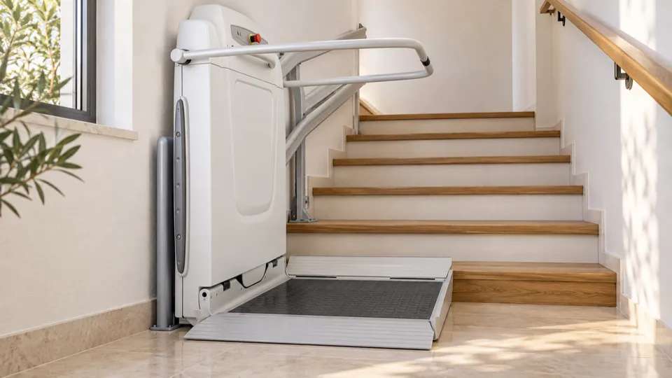 Plataforma salvaescaleras curva en Las Rozas: plataforma desplegada al pie de una escalera que gira en el rellano