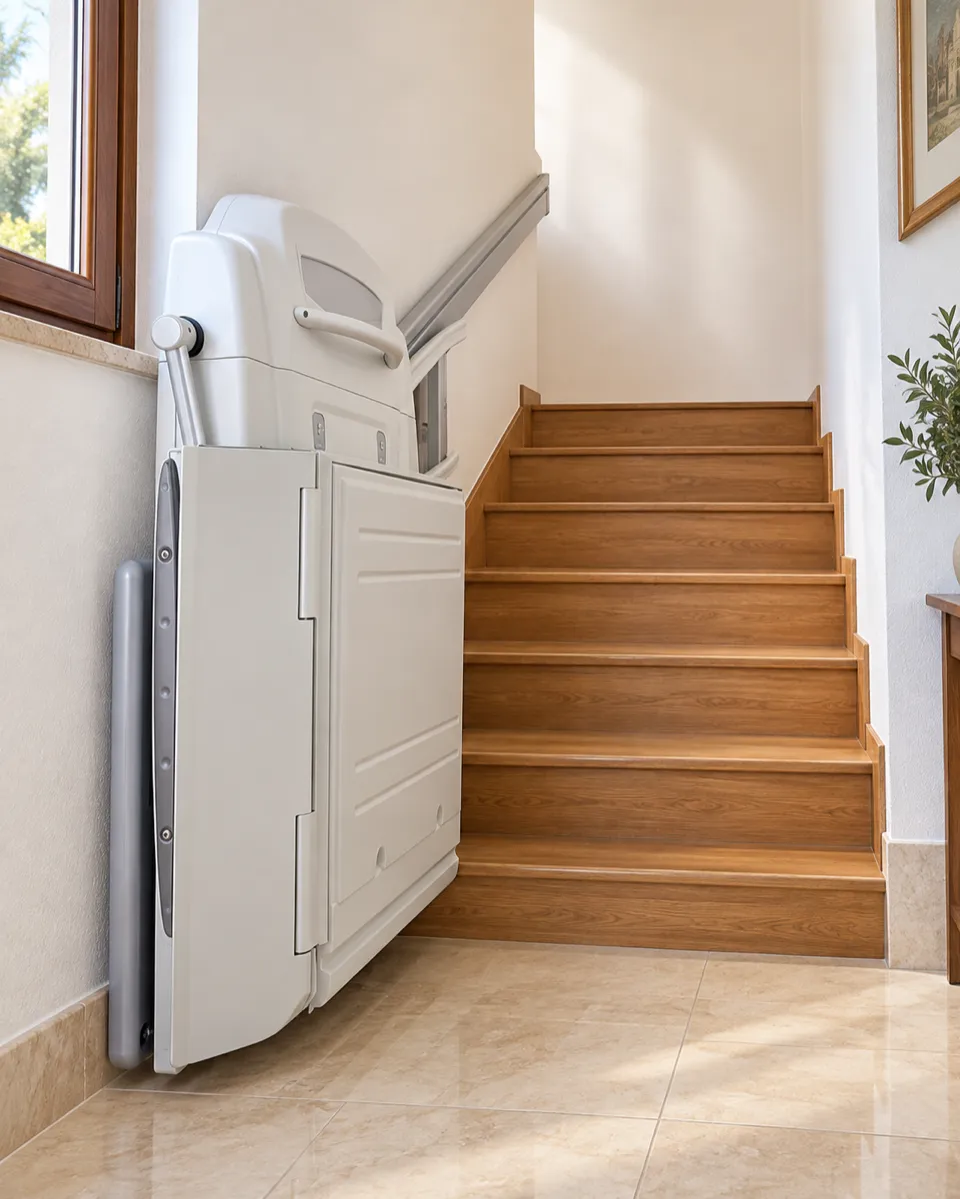 Plataforma salvaescaleras curva en Las Rozas: plataforma plegada junto a la pared al pie de una escalera con giro