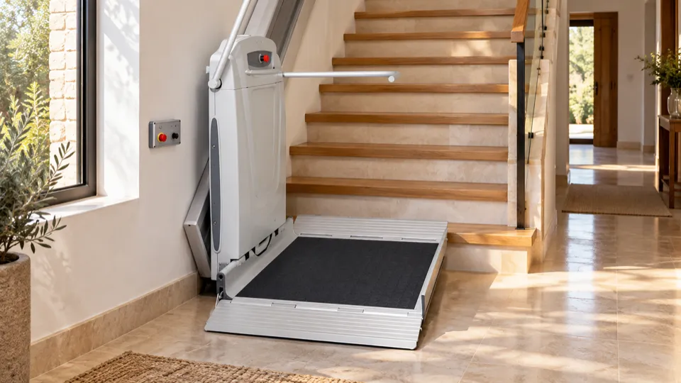 Plataformas salvaescaleras en Las Rozas: plataforma desplegada al pie de la escalera del pasillo de una vivienda