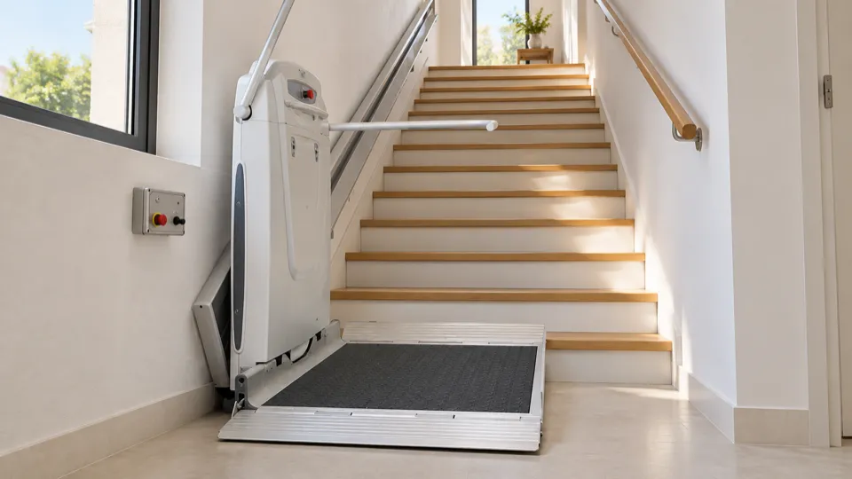 Plataforma salvaescaleras recta en Las Rozas: desplegada al pie de una escalera de un solo tramo sin giros