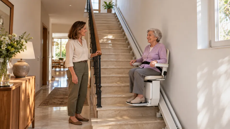 Precio de salvaescaleras en Las Rozas: madre sentada en la silla ya instalada mientras su hija la mira al pie de la escalera
