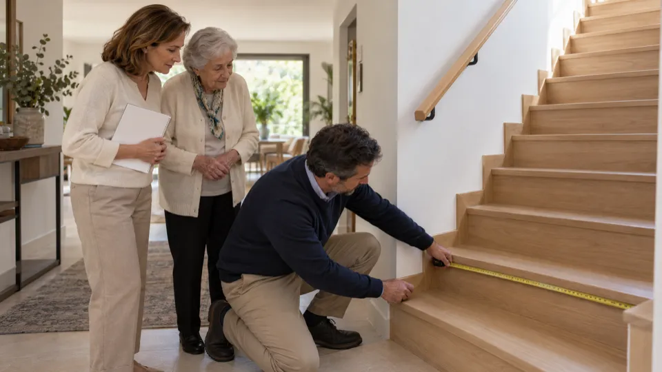 Preguntas frecuentes sobre salvaescaleras en Las Rozas: asesor midiendo la escalera ante una hija y su madre