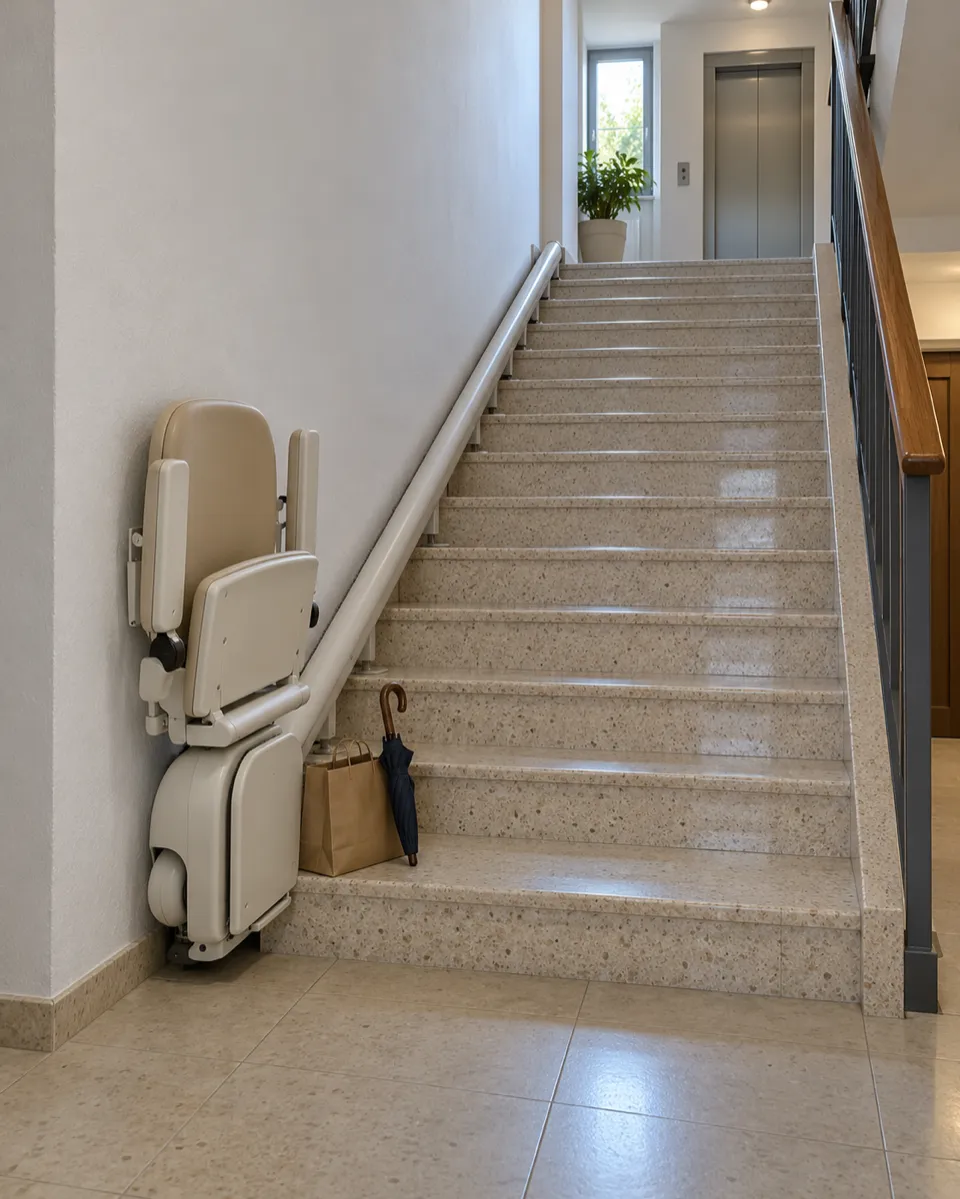 Salvaescaleras en el centro de Las Rozas: silla plegada al pie de la escalera de un bloque, raíl pegado a la pared