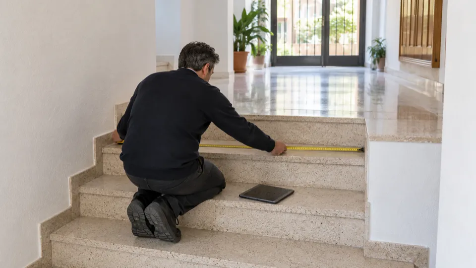Salvaescaleras en el centro de Las Rozas: asesor midiendo el ancho de un peldaño de entrada de un bloque