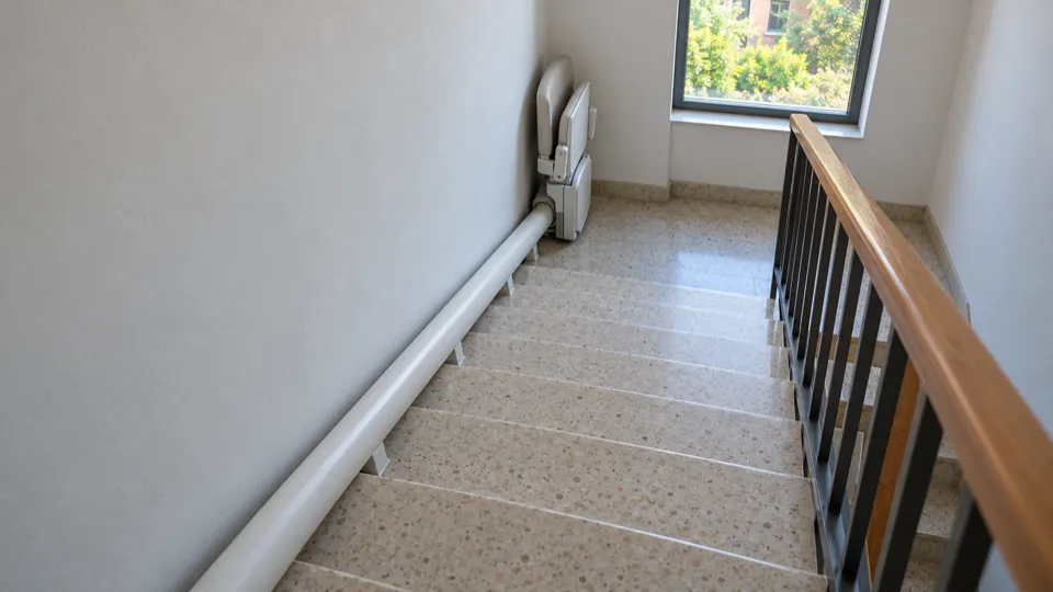 Salvaescaleras en el centro de Las Rozas: raíl fijado a los peldaños de la escalera de un bloque, sin tocar la pared común