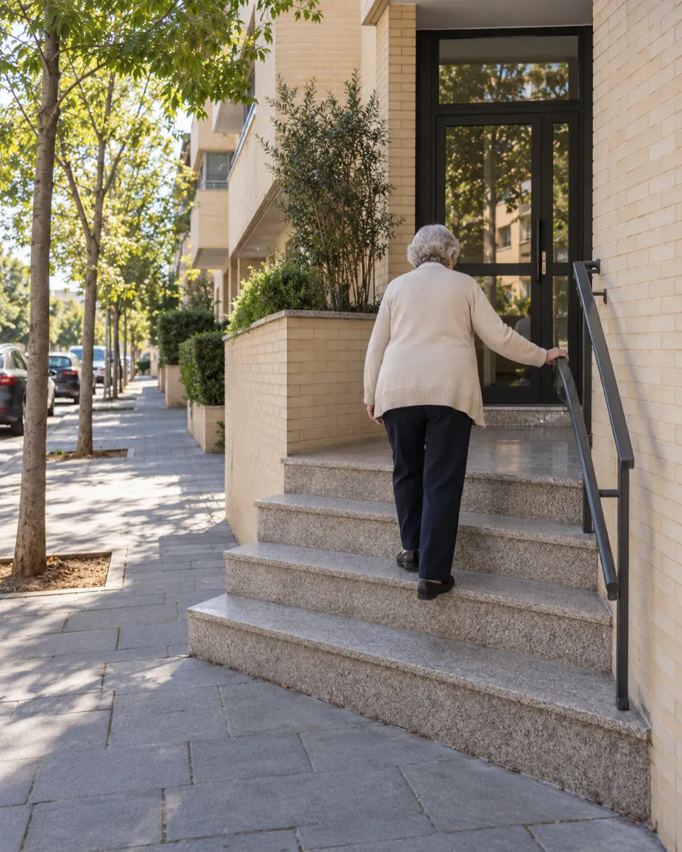 Salvaescaleras para comunidades en Las Rozas: vecina mayor sube los escalones del portal agarrada a la barandilla