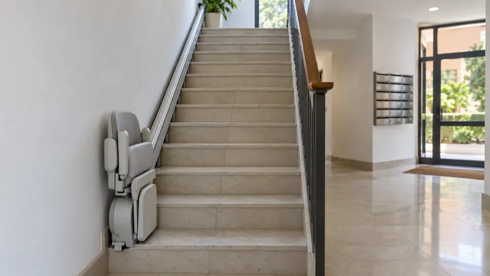 Salvaescaleras para comunidades en Las Rozas: silla plegada sobre su raíl al pie de la escalera de un portal