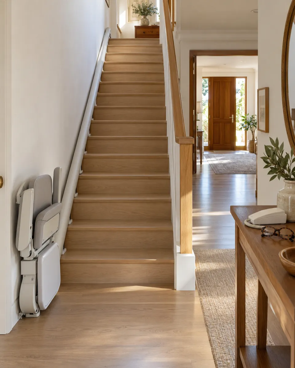 Salvaescaleras en El Cantizal: silla plegada al pie de una escalera recta de casa, con el raíl pegado a la pared