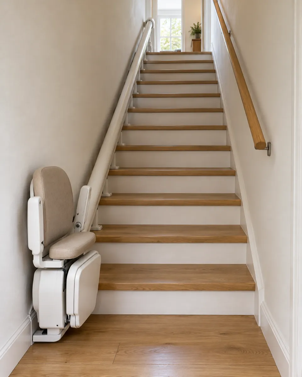 Salvaescaleras para escaleras estrechas en Las Rozas: silla plegada al pie de una escalera de adosado, raíl pegado a la pared