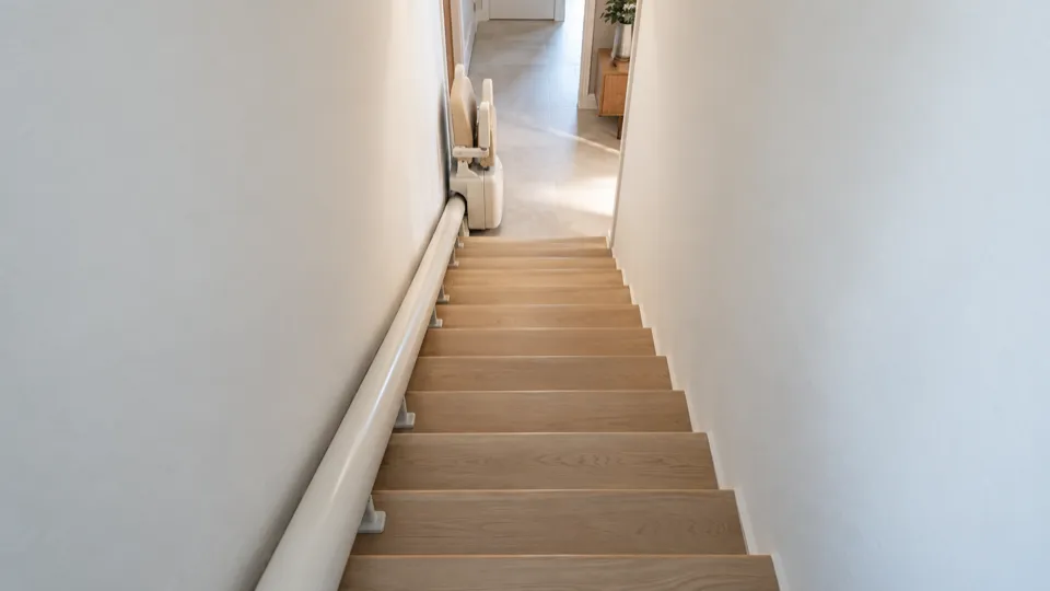 Salvaescaleras para escaleras estrechas en Las Rozas: raíl junto a la pared y silla plegada al pie de una escalera de adosado