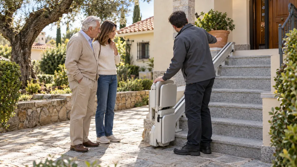 Salvaescaleras exterior en Las Rozas: asesor explica a un padre y a su hija cómo encaja la silla en la escalera del chalet