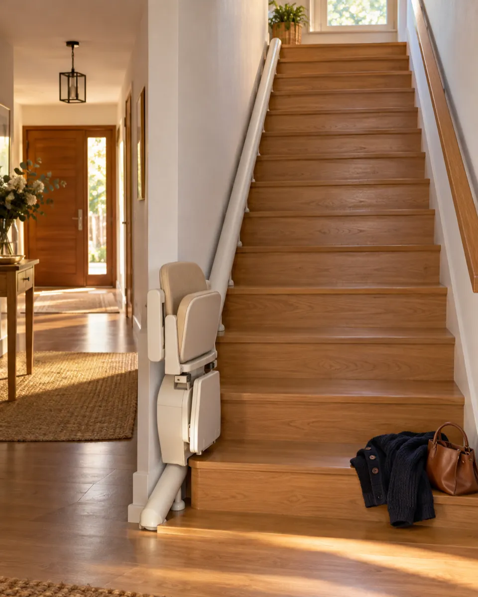 Salvaescaleras en Las Matas: silla plegada al pie de una escalera recta de casa, con el raíl pegado a la pared
