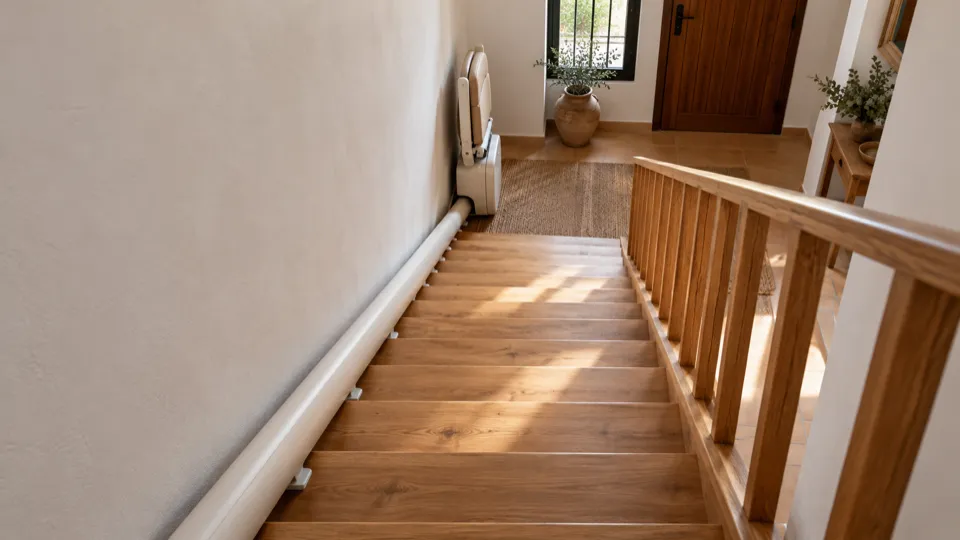 Salvaescaleras en Las Matas: raíl fijado a los peldaños junto a la pared lisa, sin obras ni agujeros en la pared