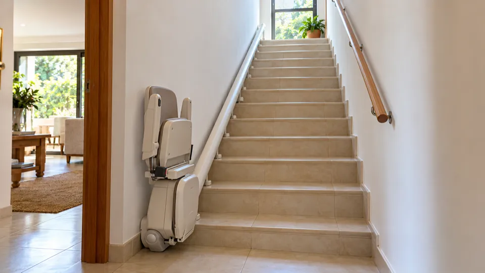 Salvaescaleras en Molino de la Hoz: raíl fijado a los peldaños de la escalera de dentro, junto a la pared lisa