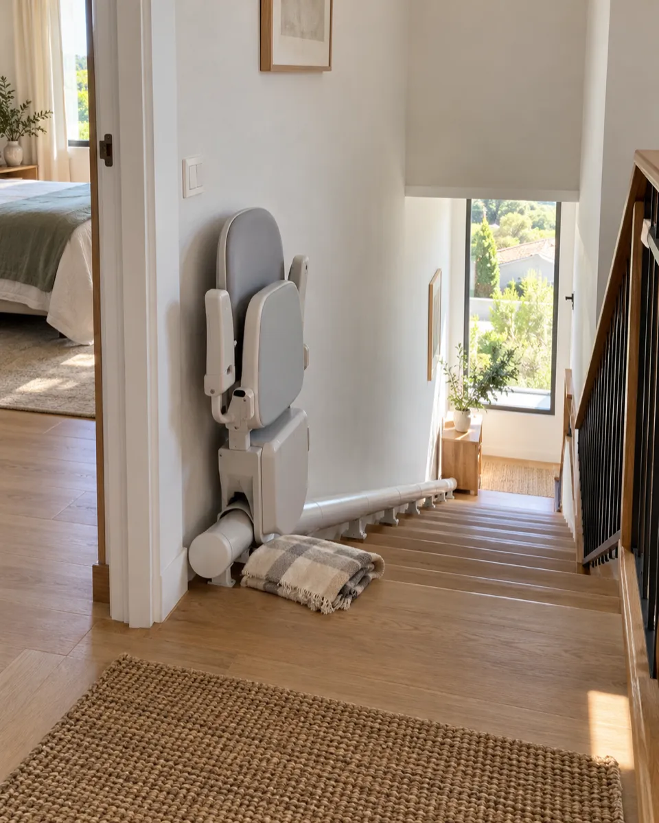 Salvaescaleras en Monte Rozas: silla plegada en lo alto de la escalera de un chalet, con el raíl pegado a la pared