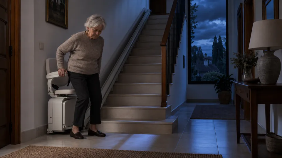 Seguridad de la silla salvaescaleras en Las Rozas: mujer mayor bajándose de la silla al pie de la escalera en un apagón