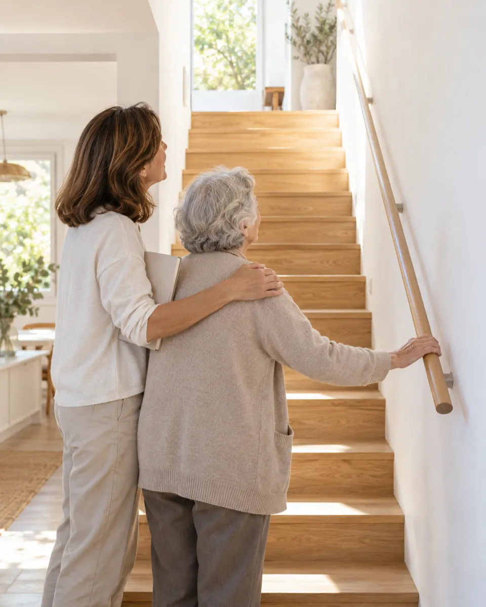Seguridad de la silla salvaescaleras en Las Rozas: madre e hija al pie de la escalera de un chalet mirando hacia arriba