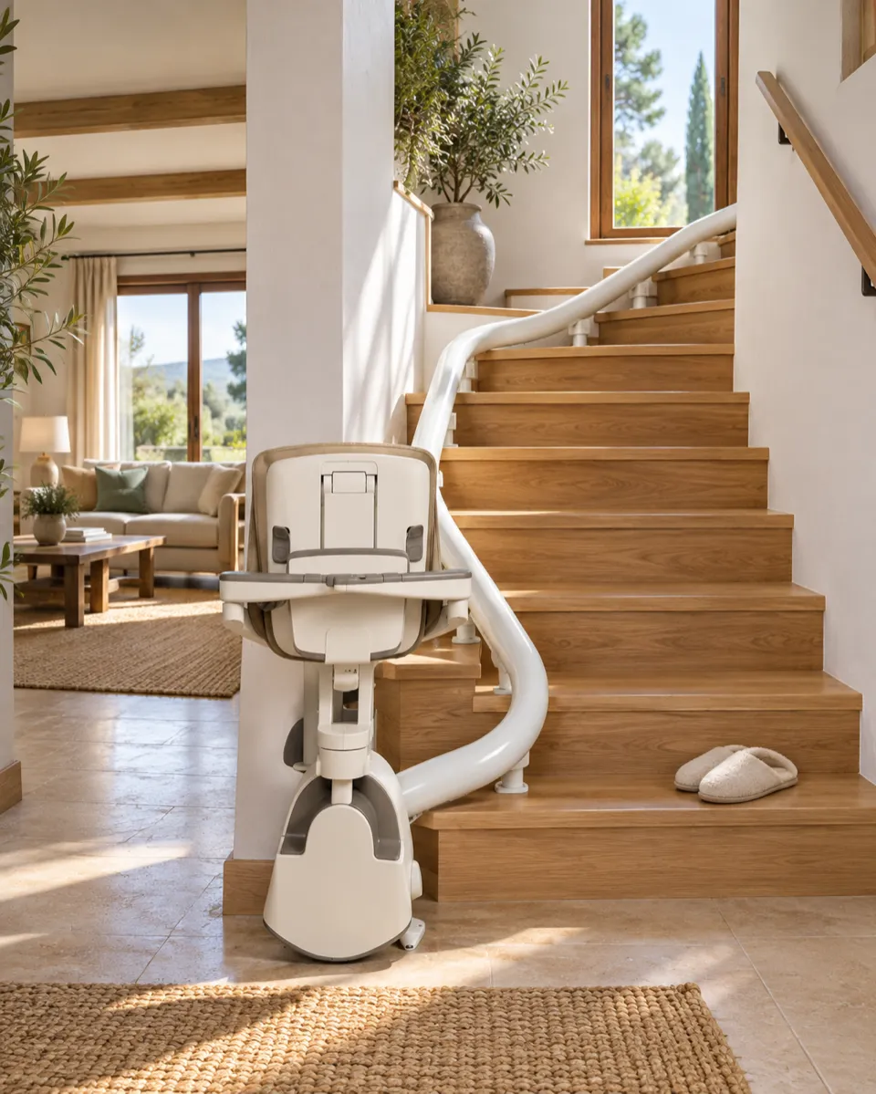 Silla salvaescaleras curva en Las Rozas plegada al pie de una escalera de madera con giro en un chalet