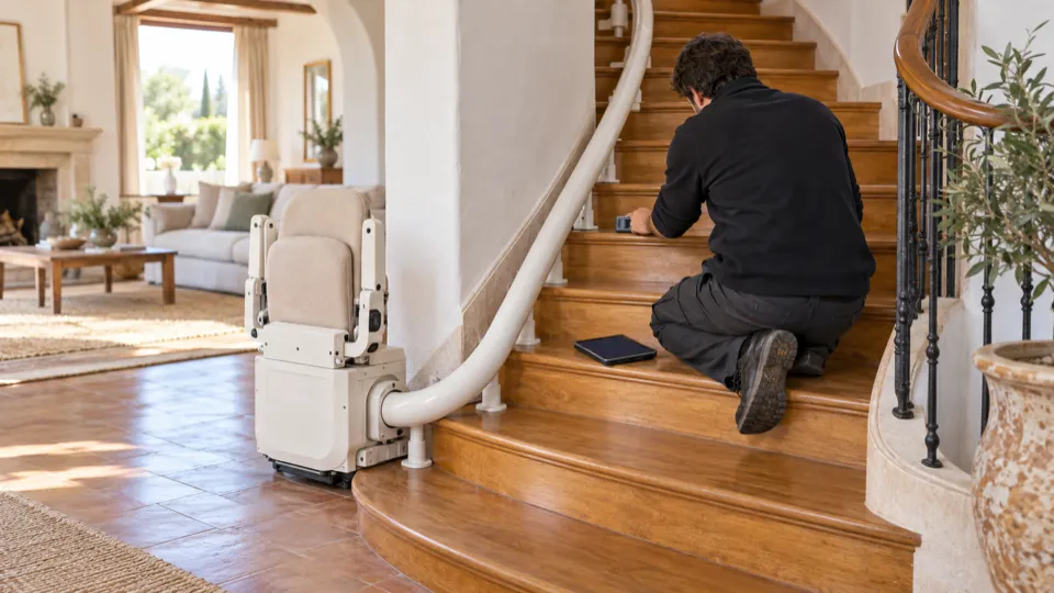 Silla salvaescaleras curva en Las Rozas: asesor midiendo con medidor láser la escalera de madera en la visita gratuita