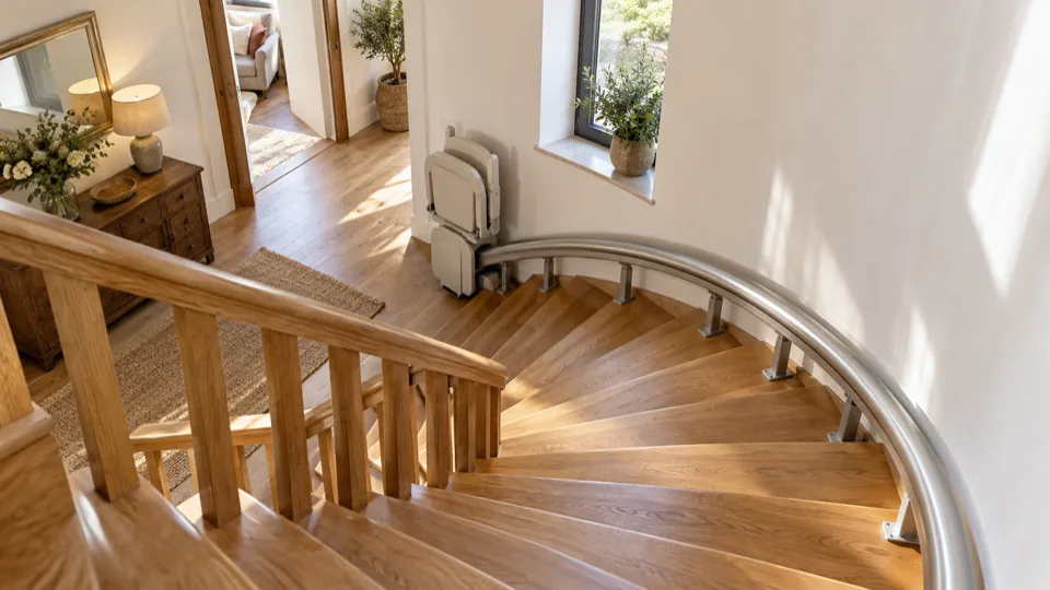 Silla salvaescaleras curva en Las Rozas: raíl a medida que sigue el giro de la escalera, anclado a los peldaños