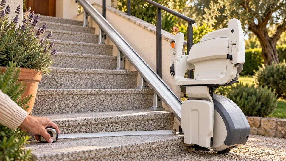 Salvaescaleras exterior en Las Rozas: midiendo el ancho de una escalera recta de granito con la silla al pie