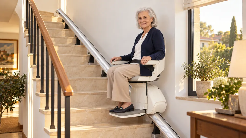 Sillas salvaescaleras en Las Rozas: mujer mayor subiendo sentada por la escalera de su chalet con el raíl fijado al peldaño