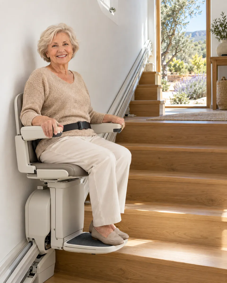 Sillas salvaescaleras en Las Rozas: mujer mayor sonriendo sentada en la silla de la escalera de su chalet