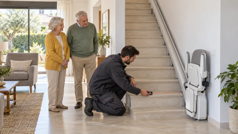 Sillas salvaescaleras en Las Rozas: asesor midiendo los peldaños junto a una pareja mayor durante la visita gratuita