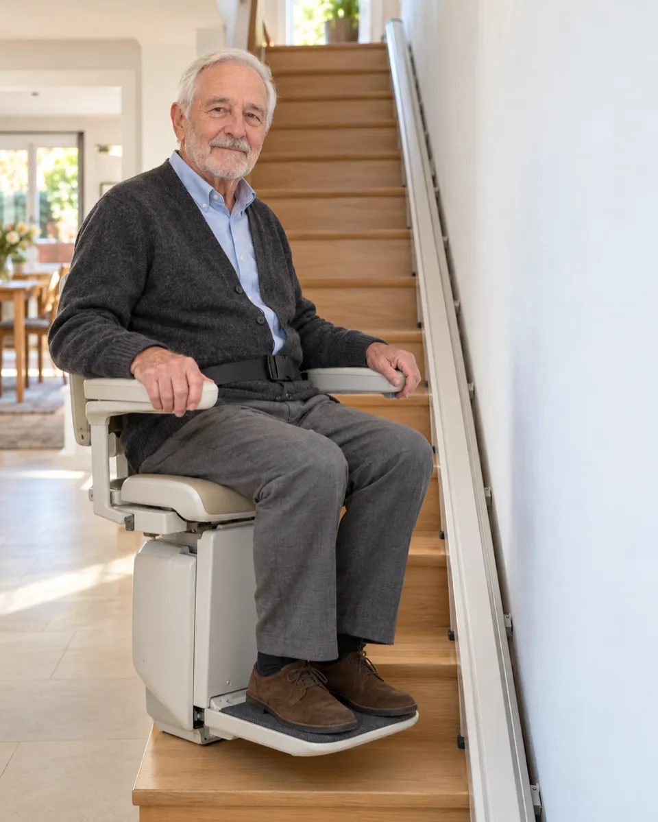 Sillas salvaescaleras rectas en Las Rozas: hombre mayor sentado en la silla al pie de una escalera de un solo tramo