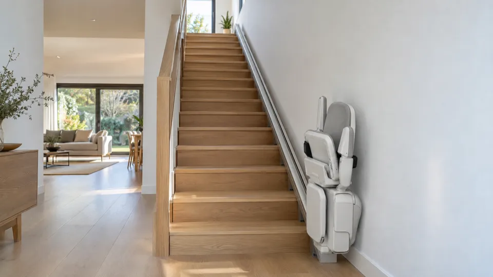 Sillas salvaescaleras rectas en Las Rozas: silla plegada al pie de un tramo recto de escalera, con el raíl junto a la pared