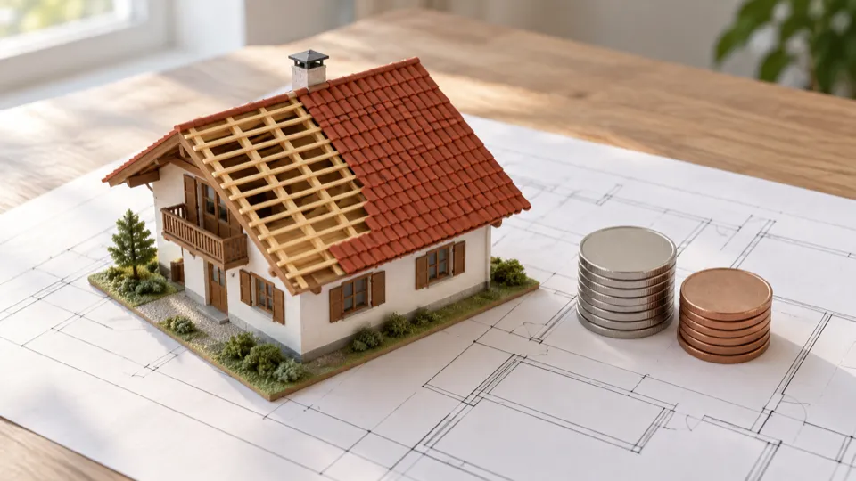 Subvenciones para sillas salvaescaleras en Las Rozas: maqueta de un chalet sobre planos con unas monedas al lado