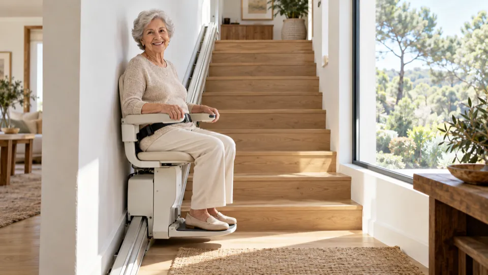 Subvenciones para sillas salvaescaleras en Las Rozas: mujer mayor sentada en la silla de la escalera de su chalet